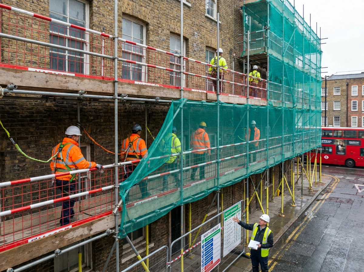 Health and safety in Camden London demonstrating dust control barriers and scaffolding safety.