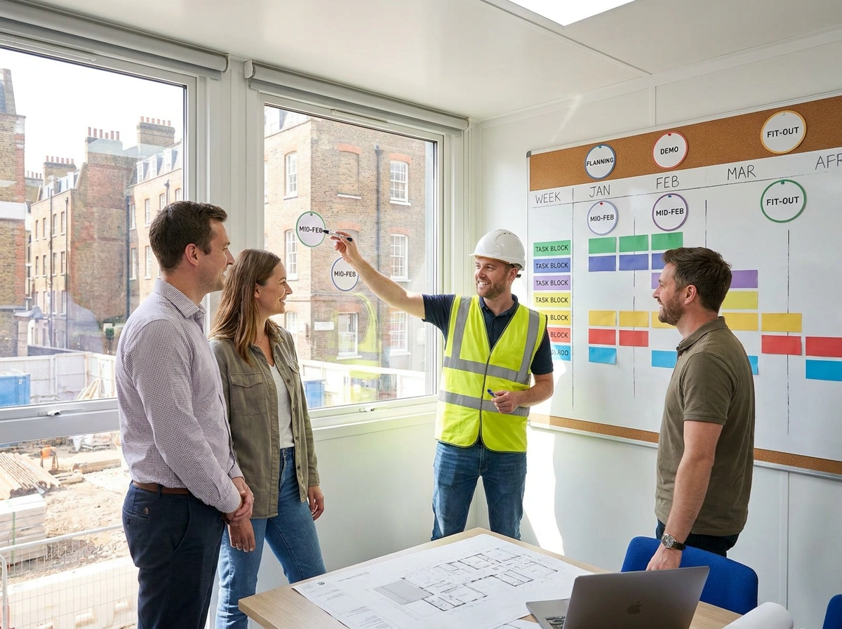 Typical house extension timeline in London covering design phases, planning, and site build stages.