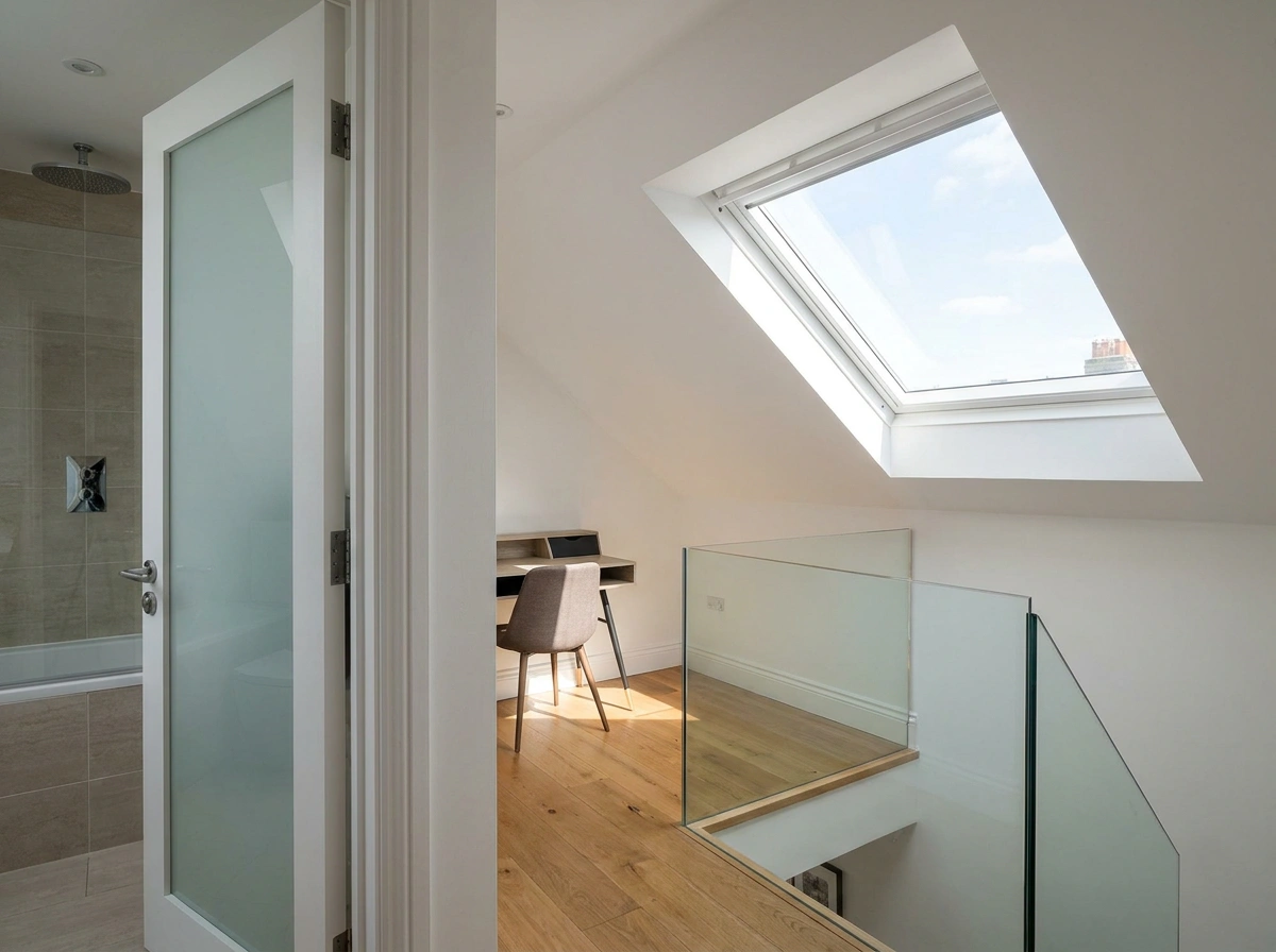 Velux skylight conversion in Dulwich London showcasing recessed rooflights and timber floor structure.