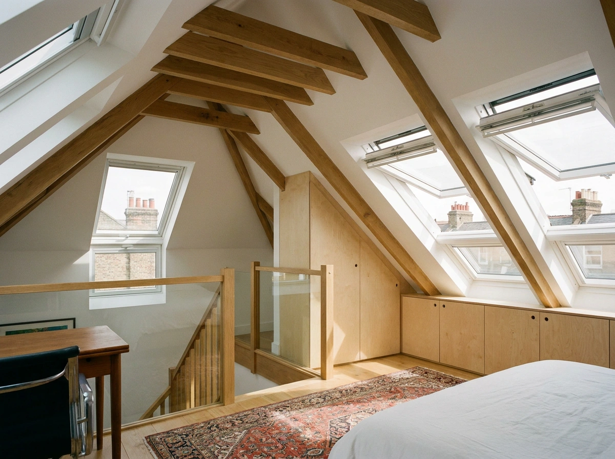 Velux skylight conversion in Islington London providing bright loft living space with roof windows.